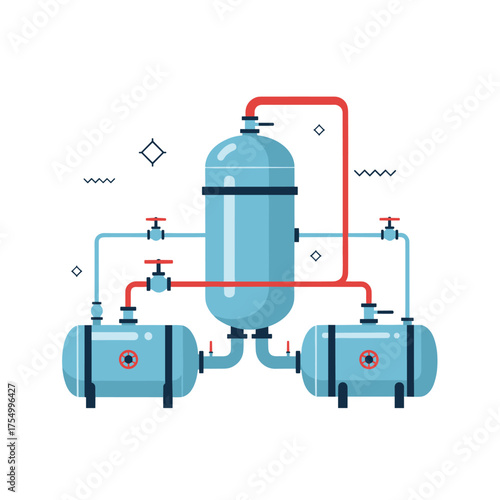 Industrial compressed air system with vertical and horizontal tanks and piping connections.