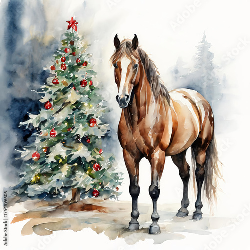 a beautiful, graceful horse. the symbol of the new year 2026. winter holidays. watercolor drawing.  artificial intelligence generator, AI, neural network image. background for the design