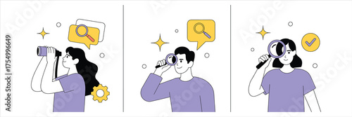 Vector art of business analysis concept with people searching and finding solution research and discovery