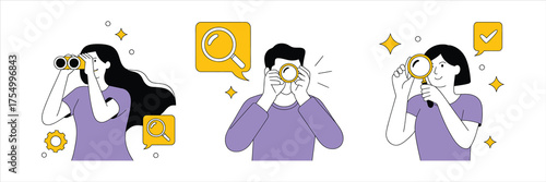Vector art of three people are looking for something with binoculars and magnifying glass
