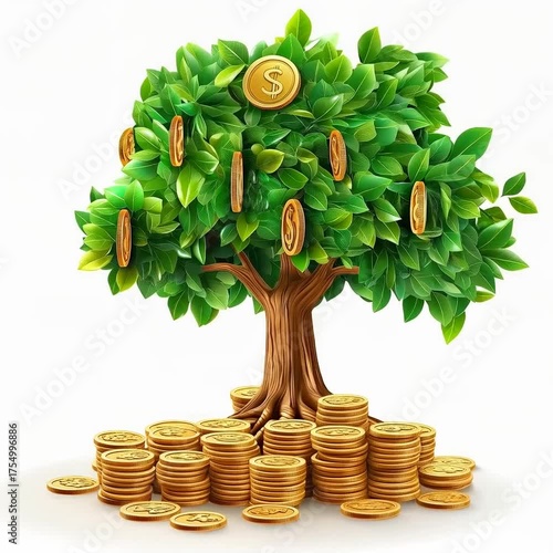 3D animation of a green money tree, with golden coins growing on the branches. Symbolizing prosperity, financial growth, and success in business, investment, and wealth.