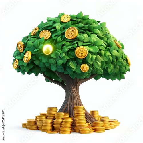 3D animation of a green money tree, with golden coins growing on the branches. Symbolizing prosperity, financial growth, and success in business, investment, and wealth.