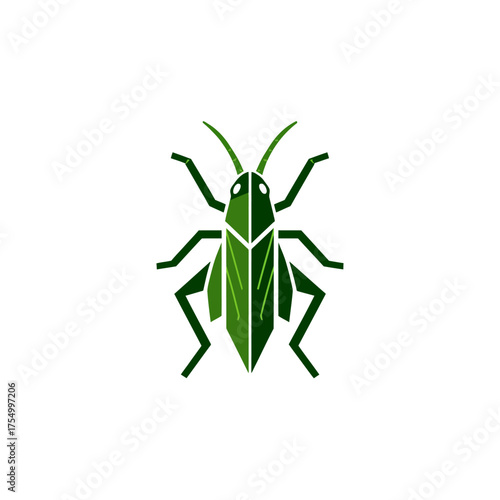 Stylized geometric green bug illustration isolated on white background, showing legs and antennae