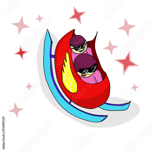 Vector illustration of a double bobsleigh. Bobsleigh with two competitors. Classic winter sport. Red bobsleigh with a golden wing on its side.