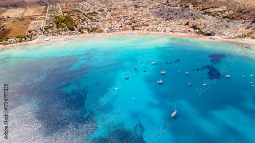 Aerial panorama of San Vito Lo Capo, Sicily, Italy, renowned beach and charming coastal scenery.