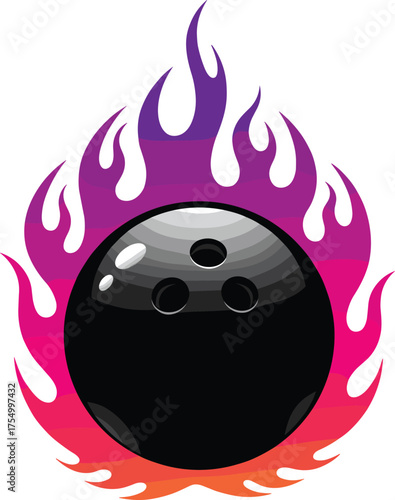 Flaming black bowling ball with colorful gradient fire effect, modern sports illustration symbolizing energy, motion, competition, and dynamic athletic design