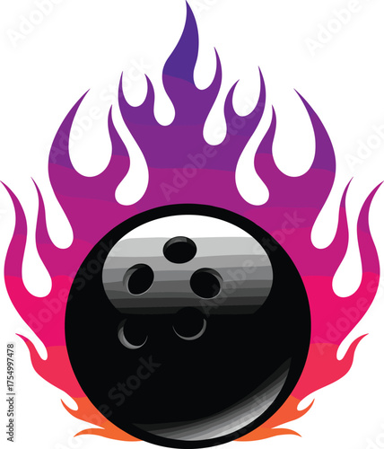 Flaming black bowling ball with colorful gradient fire effect, modern sports illustration symbolizing energy, motion, competition, and dynamic athletic design