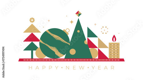 New Year geometric composition with Christmas trees and candle in red, green, and gold tones