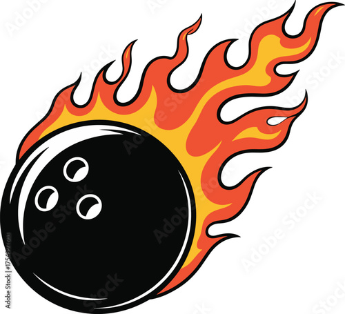 Flaming bowling ball with strike text, dynamic sports logo illustration symbolizing power, speed, competition, and energy for bowling tournament branding