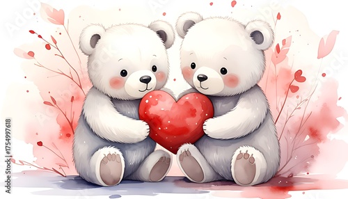 Watercolor Teddy Bears Sharing Love - A Heartfelt Valentines Day Illustration.