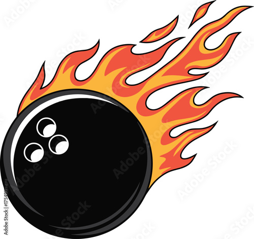 Flaming bowling ball with strike text, dynamic sports logo illustration symbolizing power, speed, competition, and energy for bowling tournament branding