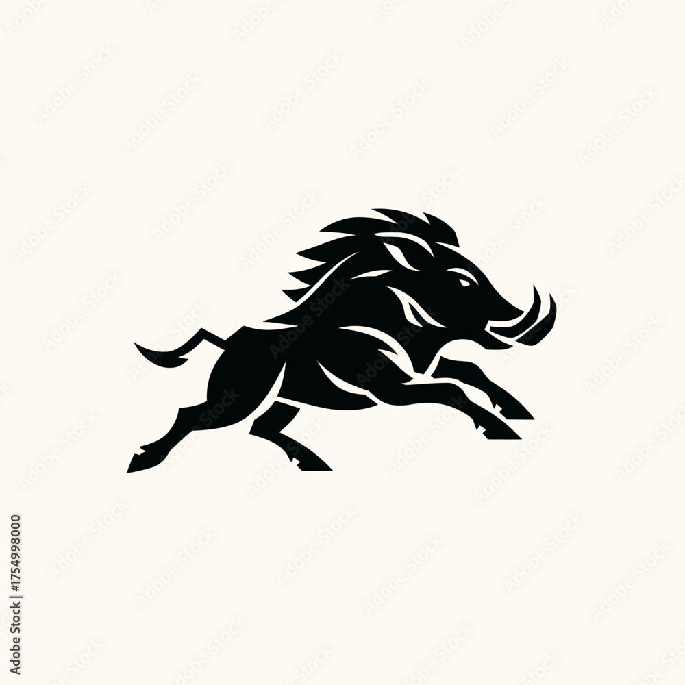 Fototapeta premium Silhouette of a charging wild boar with prominent tusks isolated on light background