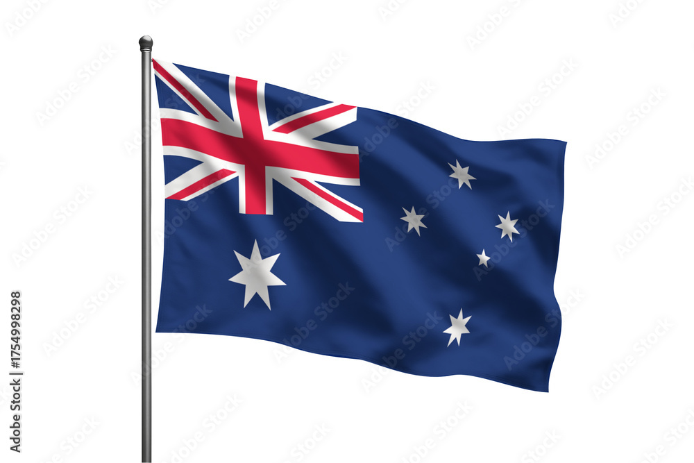 Fototapeta premium A waving Australian flag on a silver pole against a PNG background