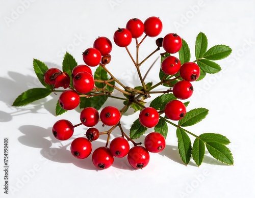 Bright Red Berries and Green Leaves on a White Background.