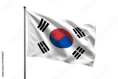 Fotografi A waving South Korean flag on a silver pole against a PNG background