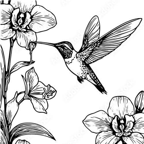 black and white line art illustration of a minimalist hummingbird feeding from a delicate, stylized orchid,