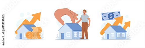 Vector art of real estate market illustration showing house price increase, bear market, and investment