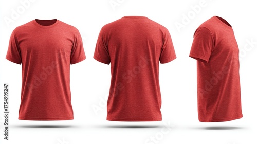 Three views of a heathered red tshirt on a white background