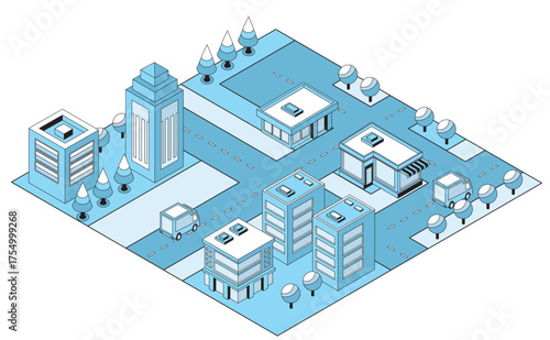 Isometric city plan showing urban buildings and street