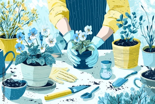 Gardening Activity With Flowers and Plants in a Bright Workspace During a Sunny Day