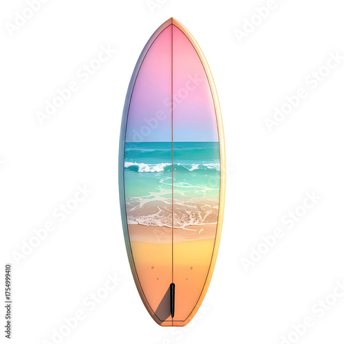 Long surfboard design with ocean scene overlay, against black background