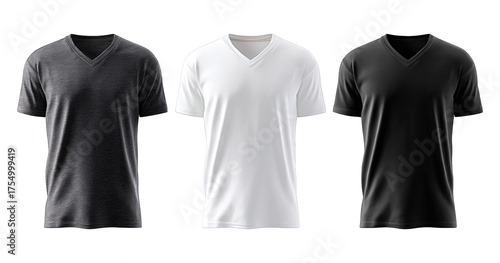 Three Vneck Tshirts in gray, white and black presented on a transparent background