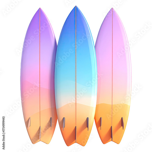 Three gradient surfboards with fins, arranged vertically against a black backdrop