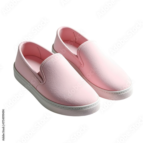 Pair of pastel pink slip-on sneakers, soft texture, white sole, set against a black backdrop