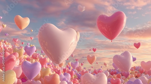 Colorful Heart-Shaped Balloons Floating in the Sky at Sunset