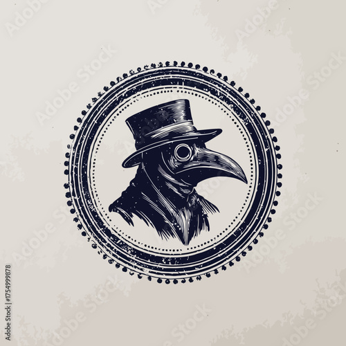 Stylized stamp of a plague doctor with top hat in a textured dotted ring