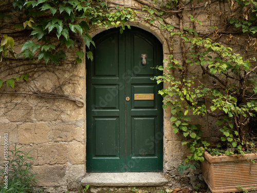 Green wooden entrance door of an old house covered with climbing plants, vintage architecture and rustic nature background.