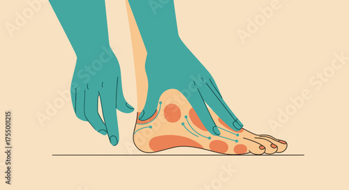 Foot reflexology with pressure points illustration in teal and beige for health articles