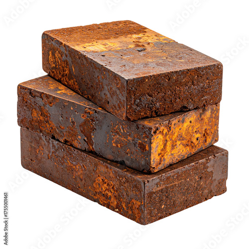 Stacked, rectangular blocks with heavy rust texture and varied color gradients