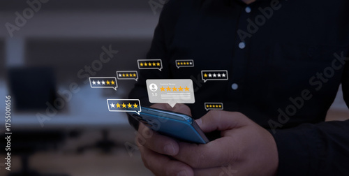 User Checking Customer Feedback and Star Ratings on a Smartphone.