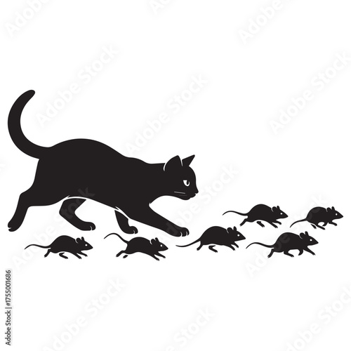 Silhouette of a black cat hunting a group of small mice running away in a line across a white background