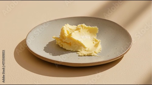 Close-up of soft scoop of butter on ceramic plate with warm shadows. Concept of natural dairy and culinary simplicity
