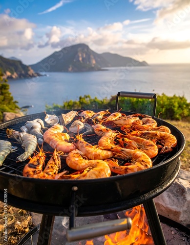 Seafood grill near calm ocean waters, mountain backdrop, sunny sky