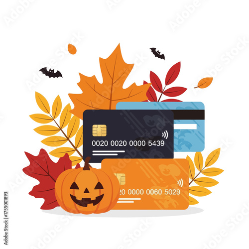 Halloween-themed credit cards with a pumpkin and autumn leaves, symbolizing seasonal shopping and financial transactions.