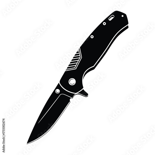 Folding knife vector illustration in black and white graphic style