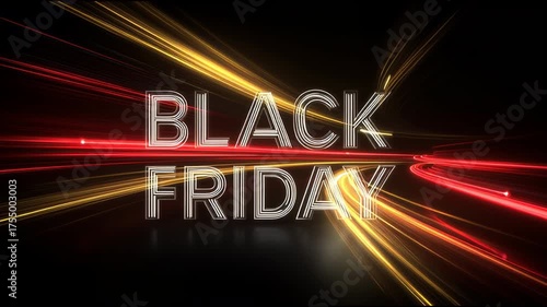 Black Friday text with glowing gold and red light trails on black background, evoking excitement and urgency. Retail sale concept
