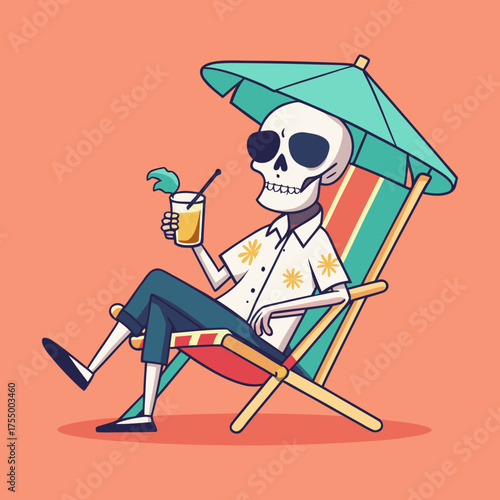 A cartoon Skeleton relaxing on beach chair with tropical drink under umbrella