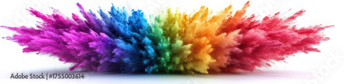 Colorful powder explosion in vibrant rainbow hues spreading across a white background