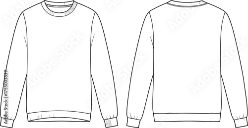 Crewneck sweatshirt technical sketch, front and back view, long sleeve design, fashion flat drawing, garment construction vector, apparel template