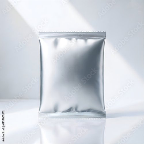 A blank silver foil pouch with a heat sealed top and bottom standing upright on a reflective white surface, isolated on white background