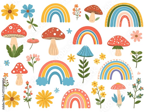 Whimsical Mushroom and Rainbow Illustration for Childrens Designs.