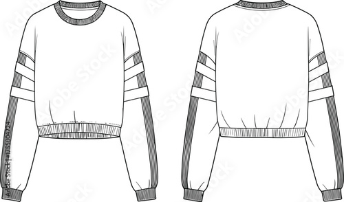 Long sleeve cropped sweatshirt technical fashion sketch, front and back view, ribbed crew neck, contrast sleeve panel, stripe detail, garment design