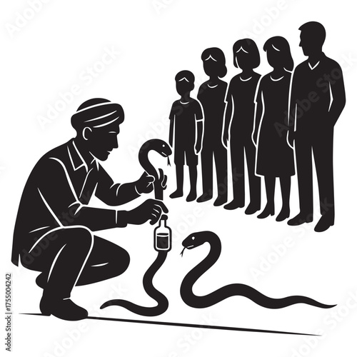 Traditional snake charmer in turban crouches to administer medicine to a cobra while a line of onlookers watches attentively