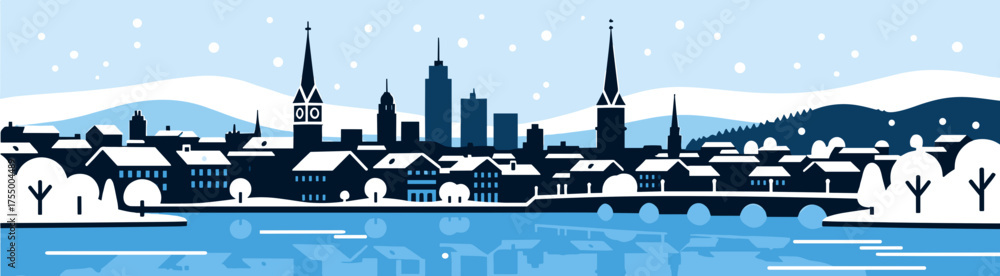 Fototapeta premium Winter cityscape illustration with snow and blue color