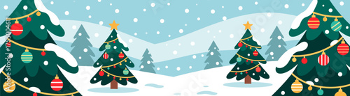 Christmas trees with ornaments on snowy landscape