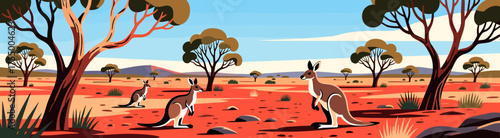 Kangaroos in stylized desert landscape with trees